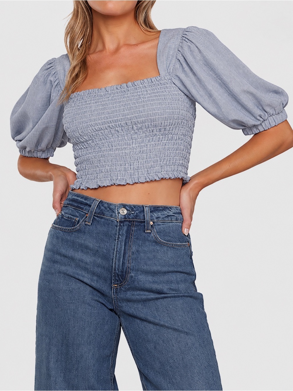 DKNY Jeans Women Pinstripe Smocked Puff Sleeve Crop Top Size XL NWOT